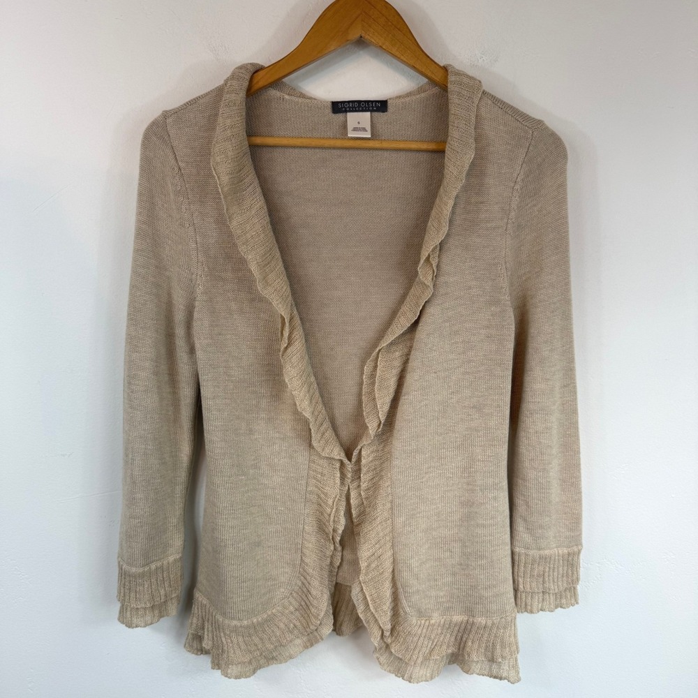 Sigrid Olsen Silk Cashmere Blend Cardigan Ruffle Open Front Beige Quiet Luxury S
